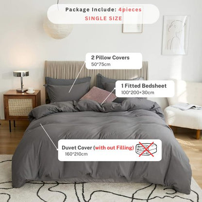 Single Size 4 Pieces extra soft Bedding Set, Washable Cotton Dark Gray Color.