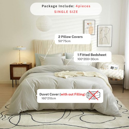 Single Size 4 Pieces Bedding Set, Washable Cotton Light Gray Color. - BusDeals