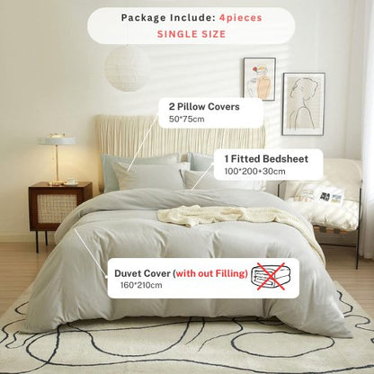 Single Size 4 Pieces Bedding Set, Washable Cotton Light Gray Color. - BusDeals